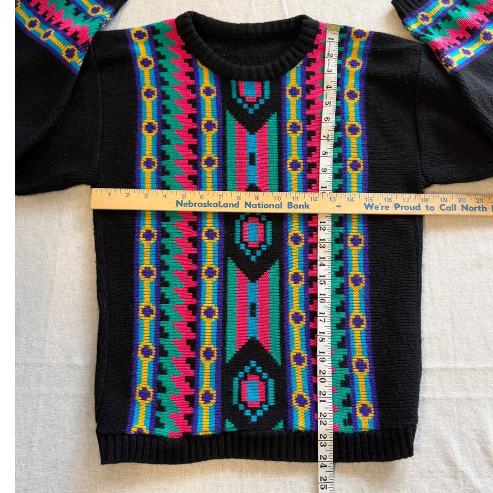 Vintage 80s 90s Southwestern Retro Eclectic Geometric Knit Sweater Black Large - Picture 4 of 7